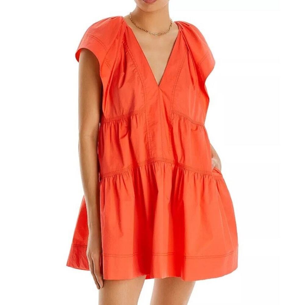 A.L.C. Haley Cotton V-Neck Short Sleeve Coral Spice Orange Mini Dress ALC